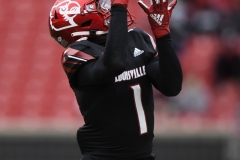 Oct 24, 2020; Louisville, Kentucky, USA;  Louisville Cardinals wide receiver Tutu Atwell (1) looks a ball in during the first half of play at Cardinal Stadium. Jamie Rhodes-ACC Pool
