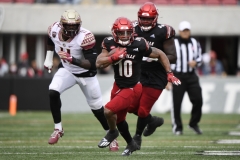 Oct 24, 2020; Louisville, Kentucky, USA;  Louisville Cardinals running back Javian Hawkins runs the ball during the second half of play at Cardinal Stadium. Jamie Rhodes-ACC Pool