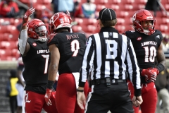 Oct 24, 2020; Louisville, Kentucky, USA;  Louisville Cardinals linebacker Monty Montgomery (7) celebrates a pass breakup by linebacker C.J. Avery (9) during the second half of play at Cardinal Stadium. Jamie Rhodes-ACC Pool