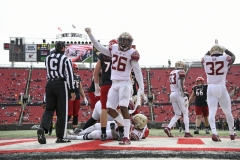 Oct 24, 2020; Louisville, Kentucky, USA;  Florida State Seminoles defensive back Asante Samuel Jr. (26) and  linebacker Stephen Dix Jr. (32) celebrates a safety during the second half of play at Cardinal Stadium. Jamie Rhodes-ACC Pool