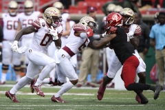 Oct 24, 2020; Louisville, Kentucky, USA;  Florida State Seminoles running back Jashaun Corbin (0) runs the ball during the second half of play at Cardinal Stadium. Jamie Rhodes-ACC Pool