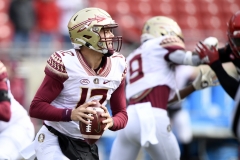 Oct 24, 2020; Louisville, Kentucky, USA;  Florida State Seminoles quarterback Chubba Purdy (12) looks to get out of the pocket during the second half of play at Cardinal Stadium. Jamie Rhodes-ACC Pool