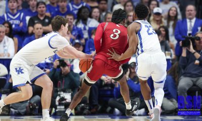 UK's Trent Noah and Mouhamed Dioubate guarding Nicholls' Jaylen Searles - Photo by Danny Pendleton - Bluegrass Sports Nation
